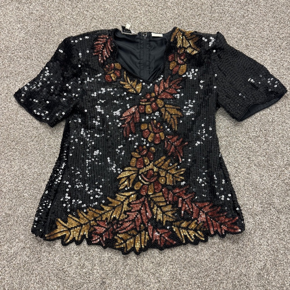 Stenay Blouse Womens S Black Beaded Sequin Floral Silk Short Sleeve Party Top